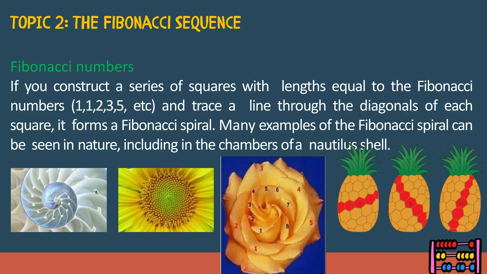 Fibonacci numbers
If you construct a series of squares with lengths equal to the Fibonacci
numbers (1,1,2,3,5, etc) and trace a line through the diagonals of each
square, it forms a Fibonacci spiral. Many examples of the Fibonacci spiral can
be seenin nature,including in the chambers ofa nautilusshell.
 