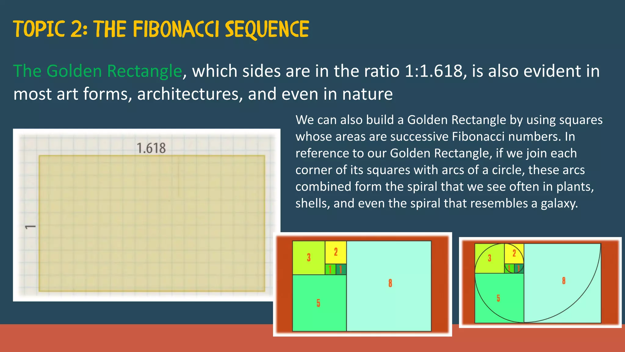 The Golden Rectangle, which sides are in the ratio 1:1.618, is also evident in
most art forms, architectures, and even in nature
We can also build a Golden Rectangle by using squares
whose areas are successive Fibonacci numbers. In
reference to our Golden Rectangle, if we join each
corner of its squares with arcs of a circle, these arcs
combined form the spiral that we see often in plants,
shells, and even the spiral that resembles a galaxy.
 