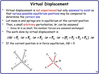 65
Virtual Displacement
• Virtual displacement is not experienced but only assumed to exist so
that various possible equilibrium positions may be compared to
determine the correct one
• Let mass m and springs are in equilibrium at the current position
• Then, a small arbitrary perturbation, dr, can be assumed
– Since dr is so small, the member forces are assumed unchanged
• The work done by virtual displacement is
• If the current position is in force equilibrium, dW = 0
             
1 2 3 4 1 2 3 4
W ( )
F r F r F r F r F F F F r
F1
F2
F3
F4
dr
 
