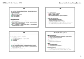 FST©Med-Ali-Ben-Hassine-2012 Conception des Entrepôts de Données
13
49
SID
Les SID, dans leur version la plus complète, permettent de répondre
aux questions suivantes :
■ Que s’est-il passé ?
■ Pourquoi cela s’est-il passé ?
■ Que va-t-il se passer ?
■ Que vient-il se passer ?
Différentes questions :
■ Quel est le volume des ventes par produit et par région durant le troisième
trimestre de 2011 ?
■ Quels sont les produits dont le volume des ventes baisse constamment
durant les 6 derniers mois de l'année ?
■ Est ce qu'une baisse de prix de 10% par rapport à la concurrence ferait
redémarrer les ventes du produit p ?
50
■ Les décideurs doivent :
● prendre rapidement des décisions
● prendre de "bonnes décisions"
● faire des prévisions pour orienter les choix de l'entreprise
SID
■ Un SID bien conçu doit donc :
● Fournir un accès à des données fiables.
● Présenter l’information de manière cohérente.
● Être acceptable et accepté par tous les utilisateurs.
● Faciliter la prise de décision. Connaître la signification d’une information
c’est bien, savoir quoi en faire c’est mieux.
● Aider à la diffusion de l’information et à la mise en œuvre des actions.
51
Comment faciliter la prise de décision ?
■ utiliser les données produites par l'entreprise dans la gestion quotidienne
■ produire régulièrement des données nécessaires au processus de décision
(résumés, synthèses, etc.)
■ disposer d'outils d'analyse de données
SID
La valeur ajoutée du décisionnel réside dans :
■ l’apport fonctionnel
■ la performance
■ la capacité à traiter de grands volumes de données
■ la capacité à évoluer
■ l’accessibilité
52
SID : Applications typiques
■ Banque et assurance
● Détermination de profils de clients (risques de prêt, nouveaux services)
● Suivi des clients, gestion de portefeuilles
● Mailing ciblés pour le marketing …
■ Econométrie
● Prévisions de trafics routiers
● Prévisions de mouvements boursiers …
■ Santé
● Etudes épidémiologiques
● Recherche de nouveaux médicaments …
■ Grande distribution
● Ciblage de clientèle, habitudes d’achat, secteurs géographiques …
● Opportunités de promotions, produits à succès, modes …
● Agencements de magasins (sur la base de corrélations entre produits).
 