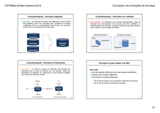 FST©Med-Ali-Ben-Hassine-2012 Conception des Entrepôts de Données
21
Caractéristiques : Données intégrées
● intégrées : Les données provenant des différentes sources doivent
être intégrées, avant leur stockage dans l’entrepôt de données.
L’intégration (mise en correspondance des formats, par exemple),
permet d’avoir une cohérence de l’information.
Production
Employés
Facturation
Données
Client
81
Caractéristiques : Données non volatiles
● non volatiles : à la différence des données opérationnelles, celles de
l’entrepôt sont permanentes et ne peuvent pas être modifiées. Le
rafraîchissement de l’entrepôt, consiste à ajouter de nouvelles données,
sans modifier ou perdre celles qui existent.
82
Ajout
Modification
Suppression
Accès
Chargement
Bases de production Entrepôts de données
Caractéristiques : Données et historisées
● historisées : La prise en compte de l’évolution des données est
essentielle pour la prise de décision qui, par exemple, utilise des
techniques de prédiction en s’appuyant sur les évolutions passées
pour prévoir les évolutions futures.
Ventes Données
client
83
Pourquoi ne pas utiliser une BD?
BD et DW :
■ ont des objectifs différents et font des traitements différents
■ stockent des données différentes
■ font l'objet de requêtes différentes
 BD et DW ont besoin d'une organisation différente des données
 BD et DW doivent être physiquement séparés.
84
 