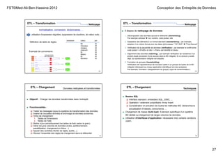 FST©Med-Ali-Ben-Hassine-2012 Conception des Entrepôts de Données
27
105
Définition de table de règles
remplacer valeur par
Mr M
monsieur M
mnsieur M
masculin M
M M
Msieur M
M. M
Monseur M
normalisation, conversion, dictionnaires, ...
Exemple de conversions :
utilisation d’expression régulière, suppression de doublons, de valeur nulle, ...
ETL – Transformation Nettoyage
106
■ 5 étapes de nettoyage de données:
1. Décomposition des données source en éléments (elementizing)
Par exemple adresse  rue, numéro, code postal, ville
2. Adaptation des éléments à un format standard (standardizing) : par exemple,
adoption d’un même format pour les dates (jj/mm/aaaa), "1ST AVE"  "First Avenue"
3. Vérification de la plausibilité de données (vérification) : par exemple le conflit entre
code postal = «91400» et ville = «Paris» est identifié et résolu
4. Alignement des données (matching) : par exemple vérification de l’existence d’un
produit (tuple provenant d’une source) dans la BD intégrée. Si un produit y existe
déjà, sa représentation intégrée est adaptée.
5. Formation de groupes (householding)
Vérification de l’appartenance de nouveau tuples à un groupe de tuples de la BD
intégrée intéressant au niveau application (bénéfique lors des analyses).
Par exemple, formation / élargissement du groupe «type de consommateur».
ETL – Transformation Nettoyage
ETL – Chargement Données nettoyées et transformées
■ Fonctionnalités :
 Traiter les messages reçus du système de transformation des données.
 Insérer de nouvelles données et archivage de données anciennes.
 Ordre de chargement :
1. Tables de Dimensions
2. Tables de Faits
 Mettre à jour périodiquement les tables de faits (selon le grain).
 Gérer les gros volumes de données (index, partitionnement,
parallélisation, chargement en blocs…).
 Ajouter des contrôles (fichier de rejets, audits…).
 Stocker l’ensemble des règles de chargement dans le référentiel
■ Objectif : Charger les données transformées dans l’entrepôt.
107
ETL – Chargement Techniques
■ Basées SQL
 Interface standard: embedded SQL, JDBC, ...
 Opération / extension propriétaire: Array Insert
 Considération et activation de toutes les méthodes BD: déclencheurs,
actualisation d’indexes, concurrence, ...
■ Chargement de masse (bulk load): Extension spécifique d’un système
BD dédiée au chargement de larges volumes de données.
■ Utilisation d’interfaces d’application: nécessaire chez certains vendeurs
(SAP)
108
 