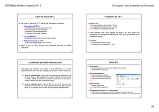 FST©Med-Ali-Ben-Hassine-2012 Conception des Entrepôts de Données
28
Cycle de vie de l’ETL
■ La mise en place de l’ETL passe par les étapes suivantes :
1. Conception de l’ETL :
 Identification des sources de données
 Correspondance des données
 Définition des transformations
 Structure de la zone d’attente
2. 1er chargement :
 Chargement de toutes les données sources
3. Rafraichissement de l’ED :
 Chargement périodique des données
■ Mise à jour de l’ETL lorsque les structures sources ou cibles
changent
109
Fréquence de l’ETL
■ Dépend de :
 la granularité de la dimension Temps
 la disponibilité des données sources
 la fréquence d’utilisation de l’ED
■ Dans certains cas, pour gagner du temps, on peut avoir une
fréquence de chargement inférieure à celle de la granularité de la
dimension temps.
■ Exemple :
 Granularité Temps = mois
 Fréquence de chargement = jour
110
La méthode pull et la méthode push
■ Techniques de détection des mises à jour effectuées sur la BD
opérationnelle et son envoi à l ’entrepôt pour sa mise à niveau ultérieure.
 avec la méthode pull, c’est le SID qui recherche périodiquement les
données dans les BD opérationnelles. Cette méthode alimente le SID
en temps différé, cependant la quantité volumineuse de données à
chaque transfert peut être coûteuse en temps.
 avec la méthode push, c’est le SIO qui au fil de l’eau de ses
transactions alimente le SID. Cette méthode alimente le SID en temps
direct ce qui oblige à revoir le code des applications opérationnelles.
111
Outils ETL
■ Sans outils :
 Commandes SQL et utilitaires du SGBD source et cible
 Programmation (PL/SQL)
■ Outils propriétaires :
 Oracle Warehouse Builder
 IBM DB2 Warehouse Manager
 Microsoft Integration Services
 …
■ Open source :
 Talend Open studio
 Pentaho Data Integration
 …
■ Comparatif des outils ETL open source
 http://alma.univ-nantes.fr/promotions/2007-08/stages/08-obs-francheteau.pdf
 http://www.atolcd.com/fileadmin/Publications/Atol_CD_Livre_Blanc_ETL_Open_Source.pdf
112
 