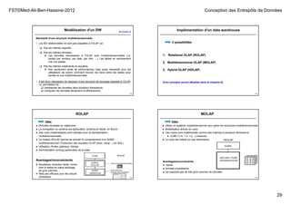 FST©Med-Ali-Ben-Hassine-2012 Conception des Entrepôts de Données
29
Modélisation d'un DW
• Les BD relationnelles ne sont pas adaptées à l'OLAP car :
 Pas les mêmes objectifs
 Pas les mêmes données:
 Les données nécessaires à l'OLAP sont multidimensionnelles (i.e.
ventes par vendeur, par date, par ville, …). Les tables en représentent
une vue aplatie.
 Pas les mêmes traitements et requêtes:
 Non seulement perte de performances mais aussi nécessité pour les
utilisateurs de savoir comment trouver les liens entre les tables pour
recréer la vue multidimensionnelle.
• Il est donc nécessaire de disposer d'une structure de stockage adaptée à l'OLAP,
i.e. permettant de :
 représenter les données dans plusieurs dimensions,
 manipuler les données facilement et efficacement.
Nécessité d'une structure multidimensionnelle
 (Chapitre 3)
113
Implémentation d'un data warehouse
3 possibilités:
1. Relational OLAP (ROLAP)
2. Multidimensional OLAP (MOLAP)
3. Hybrid OLAP (HOLAP)
[Ces concepts seront détaillés dans le chapitre 5]
114
115
ROLAP
Idée:
● Données stockées en relationnel.
● La conception du schéma est particulière: schéma en étoile, en flocon.
● Des vues (matérialisées) sont utilisées pour la représentation
multidimensionnelle.
● Un moteur ROLAP permet de simuler le comportement d’un SGBD
multidimensionnel (Traduction des requêtes OLAP (slice, rollup…) en SQL)
● Utilisation d'index spéciaux: bitmap.
● Administration (tuning) particulière de la base.
Avantages/inconvénients
● Souplesse, évolution facile, moins
cher à mettre en place stockage
de gros volumes.
● Mais peu efficace pour les calculs
complexes. 115
MOLAP
Idée:
● Utilise un système multidimensionnel pour gérer les structures multidimensionnels
● Modélisation directe du cube.
● Ces cubes sont implémentés comme des matrices à plusieurs dimensions.
● CUBE [1:m, 1:n, 1:p…] (mesure)
● Le cube est indexé sur ses dimensions.
Avantages/inconvénients
● rapide
● formats propriétaires
● ne supporte pas de très gros volumes de données
116
 
