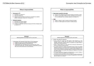 FST©Med-Ali-Ben-Hassine-2012 Conception des Entrepôts de Données
31
Rôles et responsabilités
3. Développeur ETL
■ Développer les routines ETL.
■ Tester les routines ETL.
■ S’assurer que les résultats du processus ETL répondent aux besoins
d’affaire (Collaboration étroite avec l’architecte ETL)
4. Analyste système
■ Rassembler des besoins d’affaire.
■ Documenter les besoins d’affaire.
■ Travailler en collaboration avec toute l’équipe du DW (Non seulement celle
du système ETL).
121
Rôles et responsabilités
5. Spécialiste qualité de données
■ S’assurer de la qualité des données dans l’entrepôt de données en entier.
■ S’assurer que les règles d’affaire sont bien implantées par les processus
ETL (en collaboration avec l’analyste système et l’architecte ETL)
6. DBA
■ Installer, configurer, migrer et maintenir la base de données.
■ Traduire le modèle logique de données en modèle physique.
122
Annexe :
Méthode générale de conception de l’ETL sous Oracle
1. Récupération des données sources dans la zone d'extraction
 Création de vues pour les données stockées dans des BDR
 Création de tables externes pour les fichiers CSV
 Transformation XSLT des fichiers XML en instructions SQL et ajout
manuel des données XML. Une table classique correspondant au schéma
XML doit donc être créée dans le zone d'extraction.
123
2. Création des tables de traitement
● Créer une table pour chaque vue, table externe et table classique de la zone
d'extraction selon la syntaxe SQL3 du modèle RO pour pouvoir accepter des
méthodes ultérieurement. Déclarer ensuite une méthode pour chaque attribut à
exporter dans le modèle dimensionnel.
● Ajouter un attribut booléen pour chaque table afin de discriminer ultérieurement les
données nouvelles des données anciennes.
● Pour chaque hypothèse de "propreté" des données sources, on poser une contrainte
associée. Par exemple si une donnée doit être une clé primaire et que l'on pense que
les sources sont correctes de ce point de vue, on ajoute la clause PRIMARY KEY. Par
contre il ne faut pas ajouter les contraintes lorsque l'on sait que les données sources
sont "sales", sans quoi ces données seront refusées au chargement et ne pourront
jamais être nettoyées.
● Pour chaque hypothèse de "nettoyage" des données sources, on pose un trigger qui
va traquer les erreurs et les rapporter dans une table de log.
● On note enfin qu'il est parfois utile de donner des tailles de champs plus grandes que
celle attendues afin de ne pas bloquer ou tronquer d'enregistrement. C'est une autre
façon de "relâcher" les Contraintes.
Annexe :
Méthode générale de conception de l’ETL sous Oracle
124
 