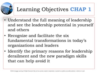 ©2015 Cengage Learning. All Rights Reserved. May not be scanned, copied or duplicated, or posted to a publicly accessible website, in whole or in part.
Learning Objectives CHAP 1
• Understand the full meaning of leadership
and see the leadership potential in yourself
and others
• Recognize and facilitate the six
fundamental transformations in today’s
organizations and leaders
• Identify the primary reasons for leadership
derailment and the new paradigm skills
that can help avoid it
 