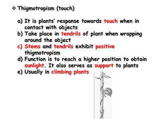  Thigmotropism (touch)

  a) It is plants’ response towards touch when in
     contact with objects
  b) Take place in tendrils of plant when wrapping
     around the object
  c) Stems and tendrils exhibit positive
     thigmotropism
  d) Function is to reach a higher position to obtain
     sunlight. It also serves as support to plants
  e) Usually in climbing plants
 