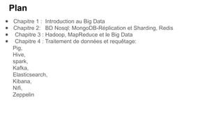 Plan
● Chapitre 1 : Introduction au Big Data
● Chapitre 2: BD Nosql: MongoDB-Réplication et Sharding, Redis
● Chapitre 3 : Hadoop, MapReduce et le Big Data
● Chapitre 4 : Traitement de données et requêtage:
Pig,
Hive,
spark,
Kafka,
Elasticsearch,
Kibana,
Nifi,
Zeppelin
 