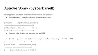 Apache Spark (pyspark shell)
Développer les jobs spark permettant de répondre à ces questions :
● Quel aéroport a enregistré le plus de départs en 2005
+----+------+--------------------+--------------------+
|year|origin| airport|number_of_departures|
+----+------+--------------------+--------------------+
|2005| ATL|William B Hartsfi...| 419841|
+----+------+--------------------+--------------------+
● Nombre total de vols par transporteur en 2008
● Quel transporteur avait globalement les pires performances de ponctualité en 2007
+-------------+--------------------+-----------+
|UniqueCarrier| Description|total_delay|
+-------------+--------------------+-----------+
| EV|Atlantic Southeas...| 2832238.0|
 