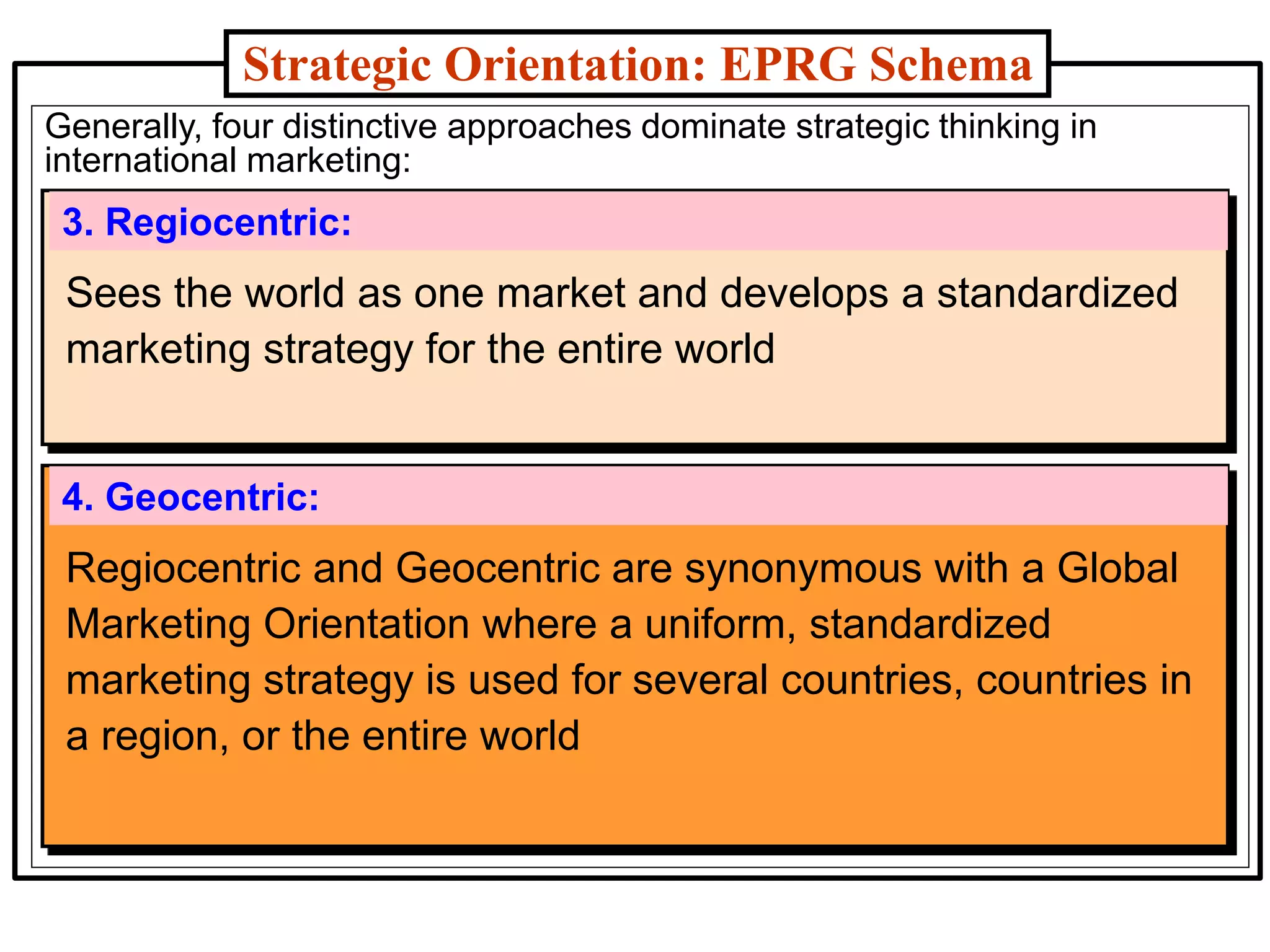 Generally, four distinctive approaches dominate strategic thinking in
international marketing:
Strategic Orientation: EPRG Schema
3. Regiocentric:
4. Geocentric:
Regiocentric and Geocentric are synonymous with a Global
Marketing Orientation where a uniform, standardized
marketing strategy is used for several countries, countries in
a region, or the entire world
Sees the world as one market and develops a standardized
marketing strategy for the entire world
 