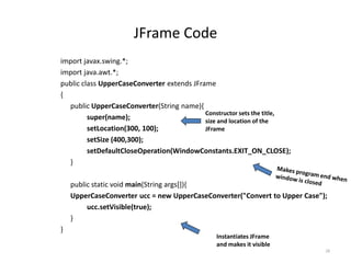 JFrame Code
import javax.swing.*;
import java.awt.*;
public class UpperCaseConverter extends JFrame
{
public UpperCaseConverter(String name){
super(name);
setLocation(300, 100);
setSize (400,300);
setDefaultCloseOperation(WindowConstants.EXIT_ON_CLOSE);
}
public static void main(String args[]){
UpperCaseConverter ucc = new UpperCaseConverter("Convert to Upper Case");
ucc.setVisible(true);
}
}
28
Constructor sets the title,
size and location of the
JFrame
Instantiates JFrame
and makes it visible
 