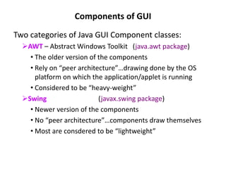 Components of GUI
Two categories of Java GUI Component classes:
AWT – Abstract Windows Toolkit (java.awt package)
• The older version of the components
• Rely on “peer architecture”…drawing done by the OS
platform on which the application/applet is running
• Considered to be “heavy-weight”
Swing (javax.swing package)
• Newer version of the components
• No “peer architecture”…components draw themselves
• Most are consdered to be “lightweight”
 