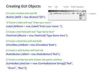 Creating GUI Objects
// Create a button with text OK
JButton jbtOK = new JButton("OK");
// Create a label with text "Enter your name: "
JLabel jlblName = new JLabel("Enter your name: ");
// Create a text field with text "Type Name Here"
JTextField jtfName = new JTextField("Type Name Here");
// Create a check box with text bold
JCheckBox jchkBold = new JCheckBox("Bold");
// Create a radio button with text red
JRadioButton jrbRed = new JRadioButton("Red");
// Create a combo box with choices red, green, and blue
JComboBox jcboColor = new JComboBox(new String[]{"Red",
"Green", "Blue"});
 