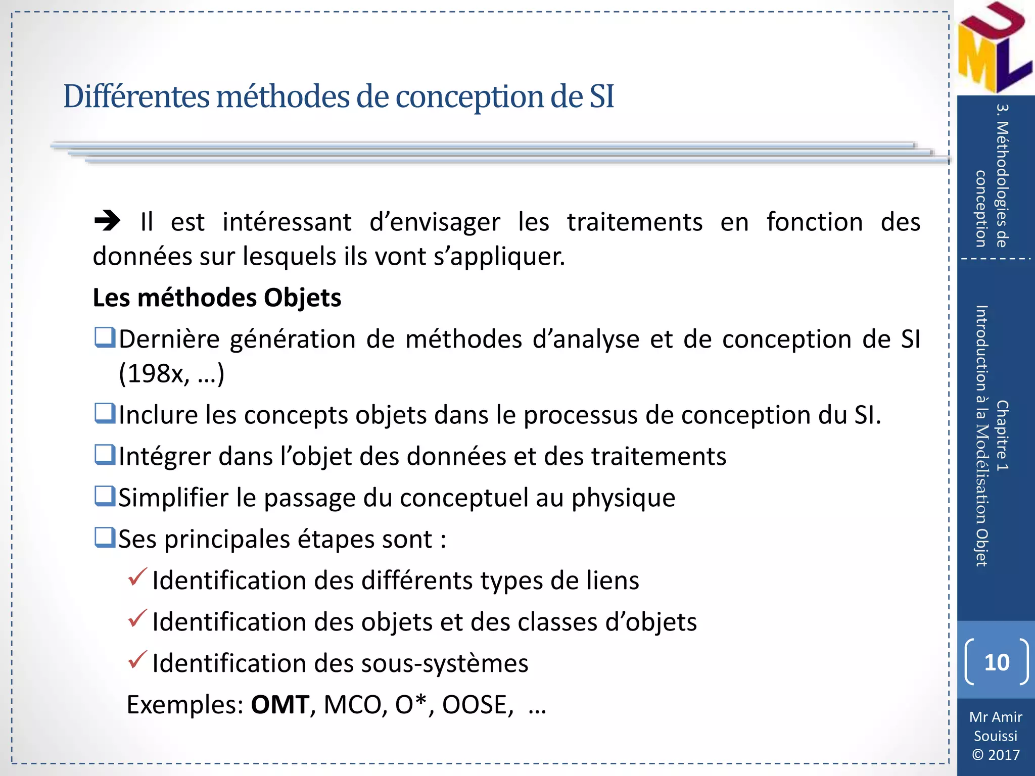 Mr Amir
Souissi
© 2017
DifférentesméthodesdeconceptiondeSI
10
Chapitre1
IntroductionàlaModélisationObjet
3.Méthodologiesde
conception
 Il est intéressant d’envisager les traitements en fonction des
données sur lesquels ils vont s’appliquer.
Les méthodes Objets
Dernière génération de méthodes d’analyse et de conception de SI
(198x, …)
Inclure les concepts objets dans le processus de conception du SI.
Intégrer dans l’objet des données et des traitements
Simplifier le passage du conceptuel au physique
Ses principales étapes sont :
Identification des différents types de liens
Identification des objets et des classes d’objets
Identification des sous-systèmes
Exemples: OMT, MCO, O*, OOSE, …
 