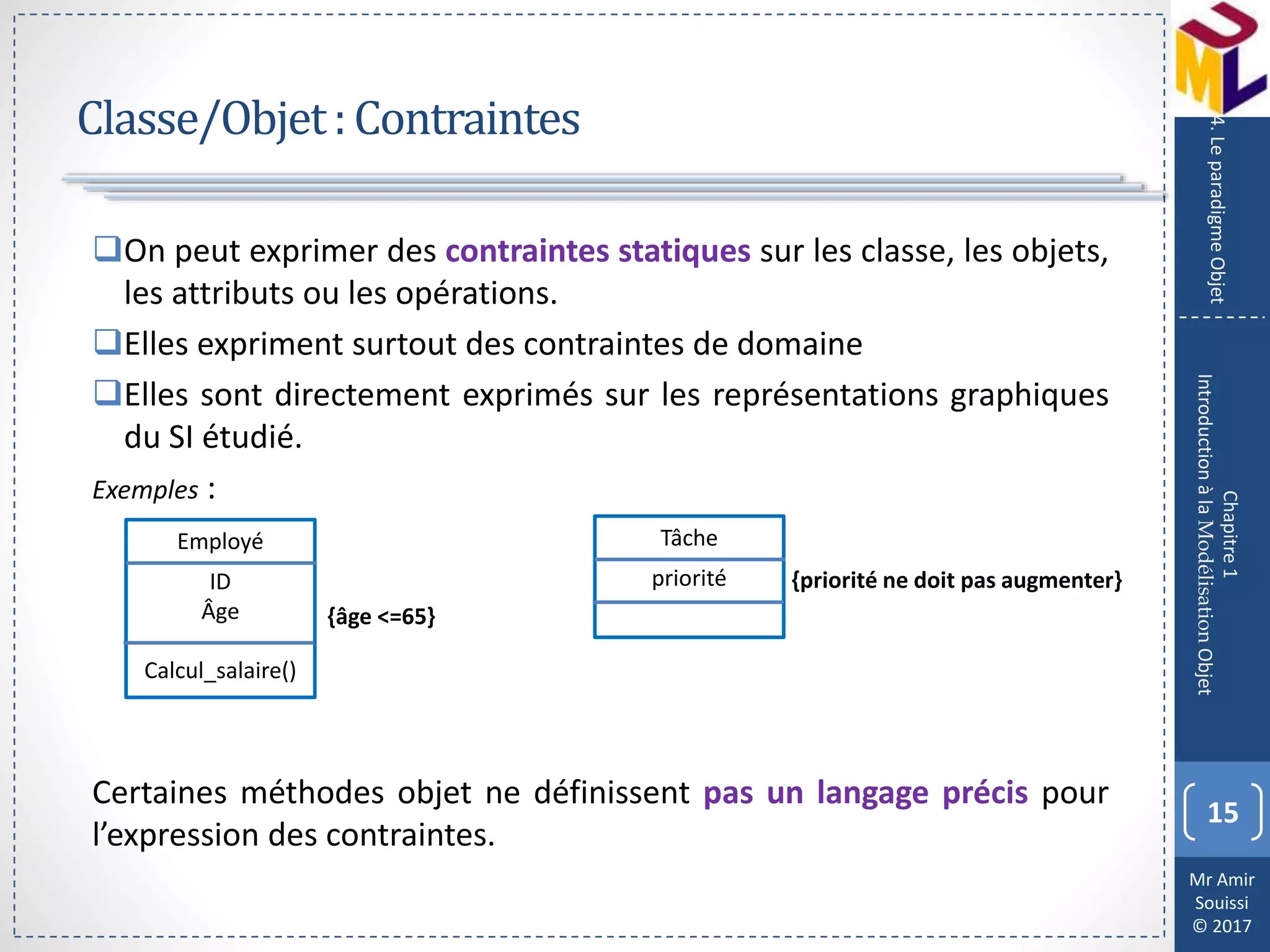 Mr Amir
Souissi
© 2017
Classe/Objet:Contraintes
On peut exprimer des contraintes statiques sur les classe, les objets,
les attributs ou les opérations.
Elles expriment surtout des contraintes de domaine
Elles sont directement exprimés sur les représentations graphiques
du SI étudié.
Exemples :
Certaines méthodes objet ne définissent pas un langage précis pour
l’expression des contraintes.
15
Chapitre1
IntroductionàlaModélisationObjet
4.LeparadigmeObjet
Employé
ID
Âge
Calcul_salaire()
{âge <=65}
Tâche
priorité {priorité ne doit pas augmenter}
 