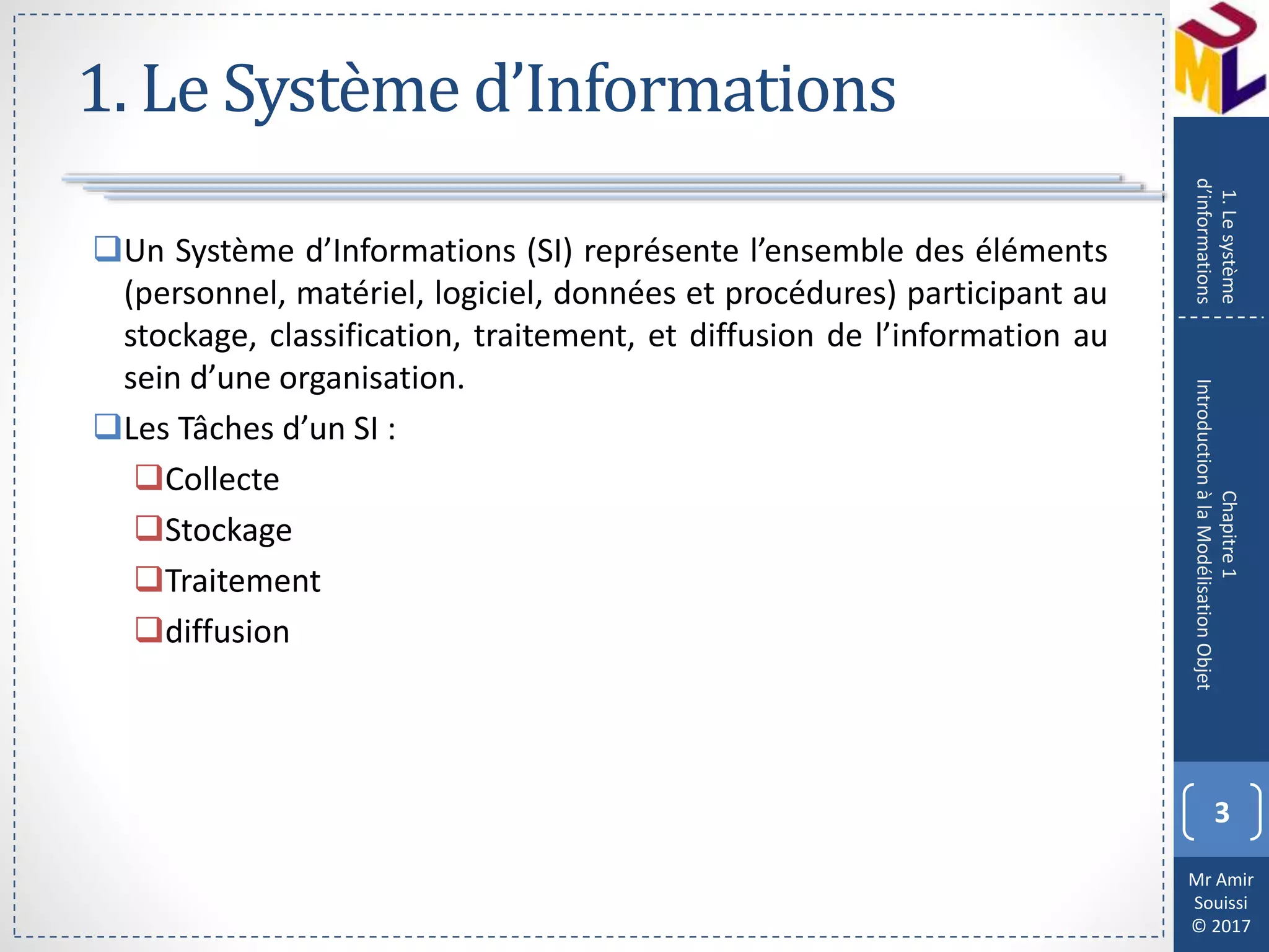 Mr Amir
Souissi
© 2017
1. Le Système d’Informations
Un Système d’Informations (SI) représente l’ensemble des éléments
(personnel, matériel, logiciel, données et procédures) participant au
stockage, classification, traitement, et diffusion de l’information au
sein d’une organisation.
Les Tâches d’un SI :
Collecte
Stockage
Traitement
diffusion
3
Chapitre1
IntroductionàlaModélisationObjet
1.Lesystème
d’informations
 