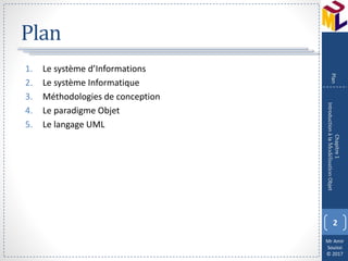 Mr Amir
Souissi
© 2017
Plan
1. Le système d’Informations
2. Le système Informatique
3. Méthodologies de conception
4. Le paradigme Objet
5. Le langage UML
2
Chapitre1
IntroductionàlaModélisationObjet
Plan
 