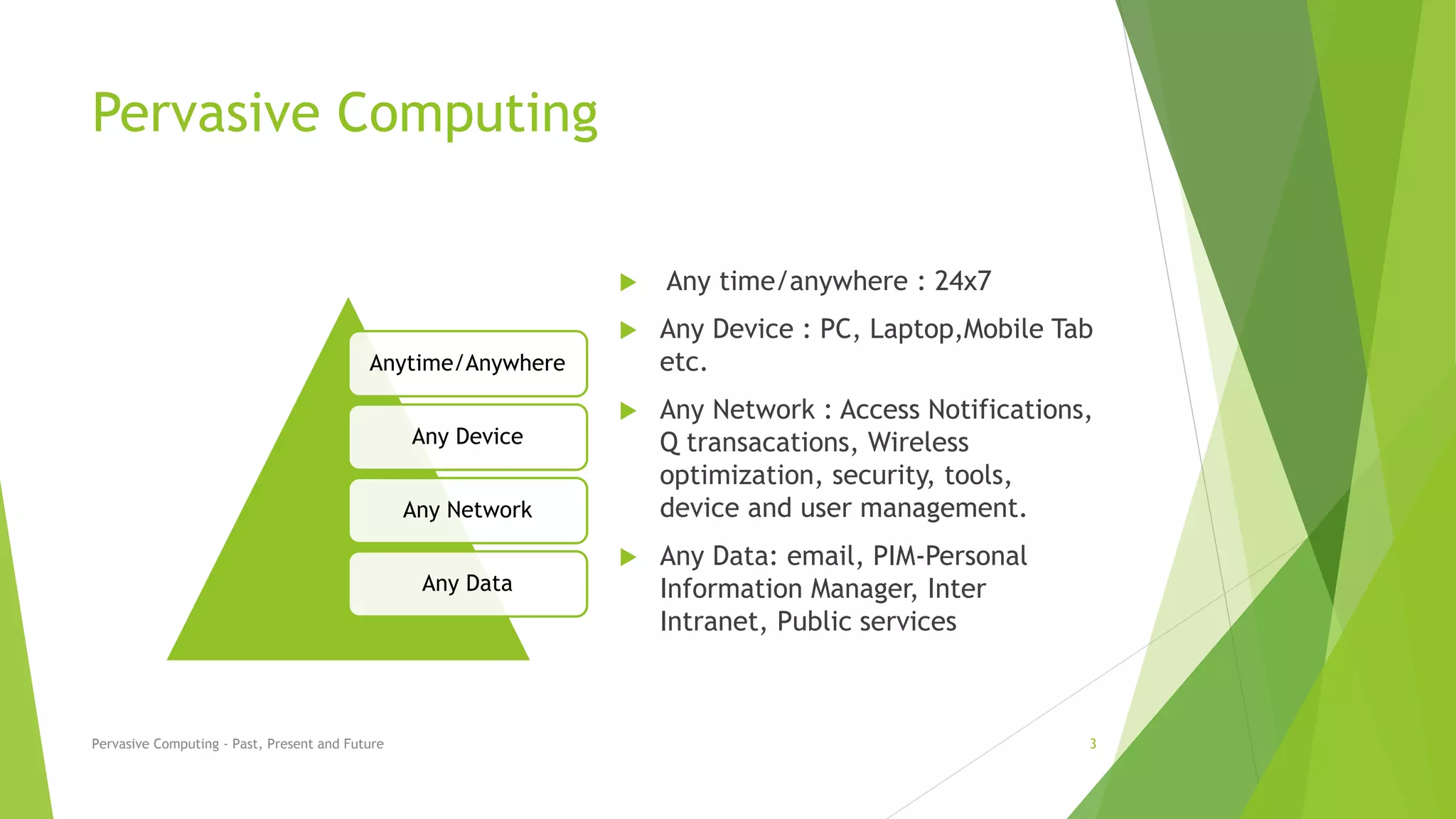 Pervasive Computing
 Any time/anywhere : 24x7
 Any Device : PC, Laptop,Mobile Tab
etc.
 Any Network : Access Notifications,
Q transacations, Wireless
optimization, security, tools,
device and user management.
 Any Data: email, PIM-Personal
Information Manager, Inter
Intranet, Public services
Anytime/Anywhere
Any Device
Any Network
Any Data
Pervasive Computing - Past, Present and Future 3
 