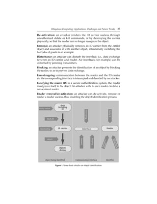 Ubiquitous Computing: Applications, Challenges and Future Trends 25
De-activation: an attacker renders the ID carrier useless through
unauthorized delete or kill commands, or by destroying the carrier
physically, so that the reader can no longer recognize the object.
Removal: an attacker physically removes an ID carrier from the carrier
object and associates it with another object, intentionally switching the
barcodes of goods is an example.
Disturbance: an attacker can disturb the interface, i.e., data exchange
between an ID carrier and reader. Air interfaces, for example, can be
disturbed by jamming transmitters.
Blocking: an attacker prevents the identiﬁcation of an object by blocking
the reader, so as to prevent data exchange.
Eavesdropping: communication between the reader and the ID carrier
via the corresponding interface is intercepted and decoded by an attacker.
Falsifying the reader ID: in a secure authentication system, the reader
must prove itself to the object. An attacker with its own reader can fake a
non-existent reader.
Reader removal/de-activation: an attacker can de-activate, remove or
render a reader useless, thus disabling the object identiﬁcation process.
Figure 1. Some basic attacks on object identiﬁcation.
 