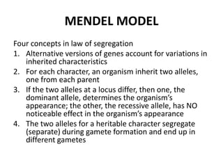 MENDEL MODEL
Four concepts in law of segregation
1. Alternative versions of genes account for variations in
   inherited characteristics
2. For each character, an organism inherit two alleles,
   one from each parent
3. If the two alleles at a locus differ, then one, the
   dominant allele, determines the organism’s
   appearance; the other, the recessive allele, has NO
   noticeable effect in the organism’s appearance
4. The two alleles for a heritable character segregate
   (separate) during gamete formation and end up in
   different gametes
 
