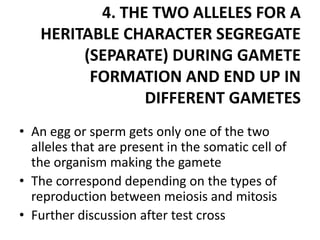 4. THE TWO ALLELES FOR A
   HERITABLE CHARACTER SEGREGATE
        (SEPARATE) DURING GAMETE
         FORMATION AND END UP IN
                DIFFERENT GAMETES
• An egg or sperm gets only one of the two
  alleles that are present in the somatic cell of
  the organism making the gamete
• The correspond depending on the types of
  reproduction between meiosis and mitosis
• Further discussion after test cross
 