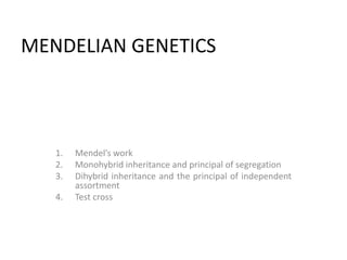 MENDELIAN GENETICS



   1.   Mendel’s work
   2.   Monohybrid inheritance and principal of segregation
   3.   Dihybrid inheritance and the principal of independent
        assortment
   4.   Test cross
 