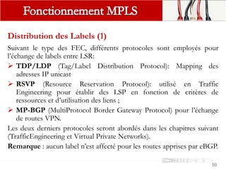 Distribution des Labels (1)
Suivant le type des FEC, différents protocoles sont employés pour
l’échange de labels entre LSR:
 TDP/LDP (Tag/Label Distribution Protocol): Mapping des
adresses IP unicast
 RSVP (Resource Reservation Protocol): utilisé en Traffic
Engineering pour établir des LSP en fonction de critères de
ressources et d’utilisation des liens ;
 MP-BGP (MultiProtocol Border Gateway Protocol) pour l’échange
de routes VPN.
Les deux derniers protocoles seront abordés dans les chapitres suivant
(TrafficEngineering et Virtual Private Networks).
Remarque : aucun label n’est affecté pour les routes apprises par eBGP.
10
 