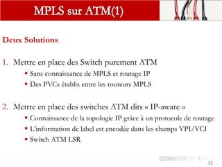 32
Deux Solutions
1. Mettre en place des Switch purement ATM
 Sans connaissance de MPLS et routage IP
 Des PVCs établis entre les routeurs MPLS
2. Mettre en place des switches ATM dits « IP-aware »
 Connaissance de la topologie IP grâce à un protocole de routage
 L’information de label est encodée dans les champs VPI/VCI
 Switch ATM LSR
 