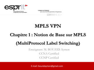 MPLS VPN
Chapitre 1 : Notion de Base sur MPLS
(MultiProtocol Label Switching)
Enseignant: M. BOUZID Aymen
CCNA Certified
CCNP Certified
E-mail: bouzidaymen@gmail.com
 