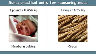 Newborn babies
1 pound = 0.454 kg 1 slug = 14.59 kg
Crops
Some practical units for measuring mass
 