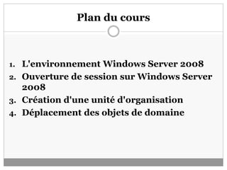 Plan du cours
1. L'environnement Windows Server 2008
2. Ouverture de session sur Windows Server
2008
3. Création d'une unité d'organisation
4. Déplacement des objets de domaine
 