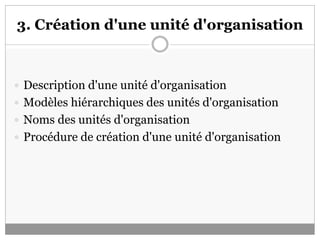 3. Création d'une unité d'organisation
 Description d'une unité d'organisation
 Modèles hiérarchiques des unités d'organisation
 Noms des unités d'organisation
 Procédure de création d'une unité d'organisation
 