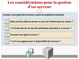 Les considérations pour la gestion
d’un serveur
Lorsque vous gérez des serveurs, posez les questions suivantes:
• Quels sont les rôles du serveur au sein de l’infrastructure du réseau ?

• Y a-t-il des besoins de sécurité spécifiques associées à ce serveur ?

Comment sera géré le serveur ?

Y a-t-il une exigence pour la disponibilité des serveurs ?

 