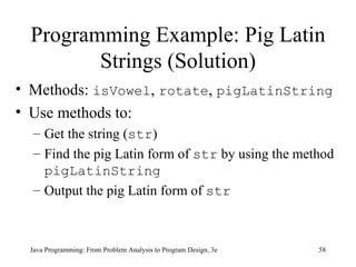 Programming Example: Pig Latin Strings (Solution) Methods:  isVowel ,  rotate ,  pigLatinString Use methods to: Get the str ing ( str ) Find the pig Latin form of  str  by using the method  pigLatinString   Output the pig Latin form of  str   