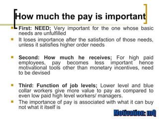 First: NEED;  Very important for the one whose basic needs are unfulfilled It loses importance after the satisfaction of those needs, unless it satisfies higher order needs Second: How much he receives;  For high paid employees, pay becomes less important hence motivational tools other than monetary incentives, need to be devised Third: Function of job levels;  Lower level and blue collar workers give more value to pay as compared to even low paid high level workers/ managers. The importance of pay is associated with what it can buy not what it itself is How much the pay is important 