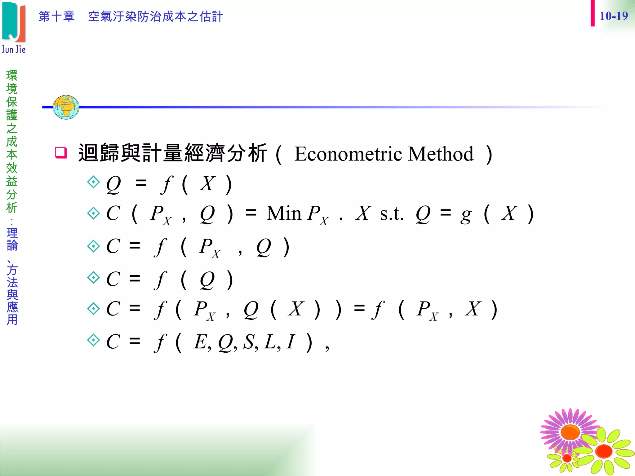 迴歸與計量經濟分析（ Econometric Method ） Q  ＝   f （ X ） C （ P X ， Q ）＝ Min  P X ． X  s.t.   Q ＝ g （ X ） C ＝  f  （ P X   ， Q ） C ＝  f  （ Q ） C ＝  f （ P X ， Q （ X ））＝ f  （ P X ， X ） C ＝   f （ E ,  Q ,  S ,  L ,  I ） ,   