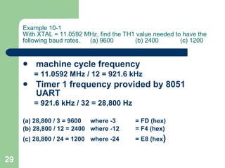 Example 10-1 With XTAL = 11.0592 MHz, find the TH1 value needed to have the following baud rates. (a) 9600 (b) 2400 (c) 1200 machine cycle frequency = 11.0592 MHz / 12 = 921.6 kHz Timer 1 frequency provided by 8051 UART = 921.6 kHz / 32 = 28,800 Hz  (a) 28,800 / 3 = 9600 where -3 = FD (hex) (b) 28,800 / 12 = 2400 where -12 = F4 (hex) (c) 28,800 / 24 = 1200 where -24 = E8 (hex ) 