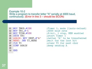 Example 10-2 Write a program to transfer letter "A" serially at 4800 baud, continuously.  (Error in line 3 – should be SCON) 