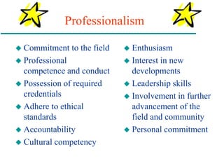 Professionalism
 Commitment to the field
 Professional
competence and conduct
 Possession of required
credentials
 Adhere to ethical
standards
 Accountability
 Cultural competency
 Enthusiasm
 Interest in new
developments
 Leadership skills
 Involvement in further
advancement of the
field and community
 Personal commitment
 