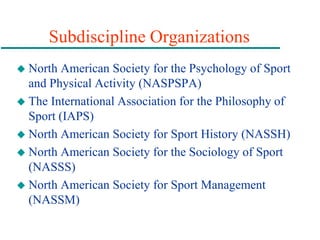 Subdiscipline Organizations
 North American Society for the Psychology of Sport
and Physical Activity (NASPSPA)
 The International Association for the Philosophy of
Sport (IAPS)
 North American Society for Sport History (NASSH)
 North American Society for the Sociology of Sport
(NASSS)
 North American Society for Sport Management
(NASSM)
 