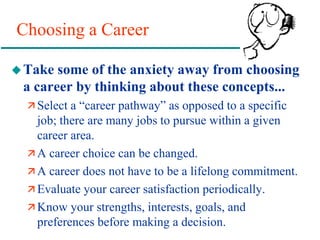 Choosing a Career
Take some of the anxiety away from choosing
a career by thinking about these concepts...
 Select a “career pathway” as opposed to a specific
job; there are many jobs to pursue within a given
career area.
 A career choice can be changed.
 A career does not have to be a lifelong commitment.
 Evaluate your career satisfaction periodically.
 Know your strengths, interests, goals, and
preferences before making a decision.
 