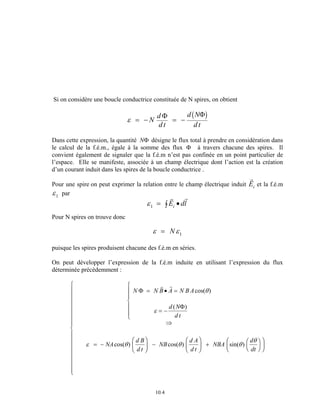Si on considère une boucle conductrice constituée de N spires, on obtient 
Φ c Φh 
ε = − N d = − 
d t 
ε 
10.4 
d N 
d t 
Dans cette expression, la quantité NΦ désigne le flux total à prendre en considération dans 
le calcul de la f.é.m., égale à la somme des flux Φ à travers chacune des spires. Il 
convient également de signaler que la f.é.m n’est pas confinée en un point particulier de 
l’espace. Elle se manifeste, associée à un champ électrique dont l’action est la création 
d’un courant induit dans les spires de la boucle conductrice . 
Pour une spire on peut exprimer la relation entre le champ électrique induit 
rE 
i et la f.é.m 
ε 1 par 
r r 
ε = z E • dl 1 i 
Pour N spires on trouve donc 
ε = Nε 1 
puisque les spires produisent chacune des f.é.m en séries. 
On peut développer l’expression de la f.é.m induite en utilisant l’expression du flux 
déterminée précédemment : 
N NB A NBA 
d N 
d t 
NA d B 
d t 
NB d A 
d t 
NBA d 
θ 
dt 
Φ 
Φ 
= • = 
= − 
R 
S || 
T || 
⇒ 
= − FH G 
IK J 
− FH G 
IK J 
θ 
+ FH 
IK 
FH G 
IK J 
R 
||||||| 
S 
||||||| 
T 
r r 
cos( ) 
( ) 
cos( ) cos( ) sin( ) 
ε θ θ θ 
 