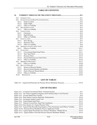 10. TURBIDITY THROUGH THE TREATMENT PROCESSES
April 1999 10-25 EPA Guidance Manual
Turbidity Provisions
TABLE OF CONTENTS
10. TURBIDITY THROUGH THE TREATMENT PROCESSES............................................ 10-1
10.1 INTRODUCTION ..................................................................................................................... 10-1
10.2 INTAKE FACILITIES/RAW WATER SCREENING ......................................................................... 10-2
10.2.1 Intake Location ............................................................................................................ 10-2
10.2.2 Intake Depth................................................................................................................. 10-2
10.2.3 Effect on Turbidity ....................................................................................................... 10-3
10.3 PRE-SEDIMENTATION ............................................................................................................ 10-3
10.3.1 Effect on Turbidity ....................................................................................................... 10-3
10.4 COAGULATION...................................................................................................................... 10-4
10.4.1 Chemicals .................................................................................................................... 10-4
10.4.2 Rapid Mixing............................................................................................................... 10-6
10.4.3 Effect on Turbidity ....................................................................................................... 10-6
10.5 FLOCCULATION..................................................................................................................... 10-7
10.5.1 Slow Mixing................................................................................................................. 10-7
10.5.2 Detention Time ............................................................................................................ 10-7
10.5.3 Effect on Turbidity ....................................................................................................... 10-8
10.6 SEDIMENTATION/CLARIFICATION........................................................................................... 10-8
10.6.1 Effect on Turbidity ..................................................................................................... 10-11
10.7 FILTRATION........................................................................................................................ 10-11
10.7.1 Conventional Rapid Sand Filters ................................................................................ 10-11
10.7.2 Slow Sand Filters ....................................................................................................... 10-14
10.7.3 Pressure Filters........................................................................................................... 10-15
10.7.4 Precoat/Diatomaceous Earth Filters............................................................................ 10-16
10.7.5 Effect on Turbidity ..................................................................................................... 10-16
10.8 MEMBRANE PROCESSES....................................................................................................... 10-17
10.8.1 Effect on Turbidity ..................................................................................................... 10-20
10.9 RECYCLE STREAMS ............................................................................................................. 10-20
10.9.1 Sources of Recycle Streams ........................................................................................ 10-21
10.9.2 Recycle Stream Quantity and Quality ......................................................................... 10-21
10.9.3 Point of Recycle Stream Return .................................................................................. 10-22
10.9.4 Effect on Turbidity ..................................................................................................... 10-22
10.10 REFERENCES ................................................................................................................... 10-22
LIST OF TABLES
Table 10-1. Typical Feed Pressures for Pressure Driven Membrane Processes .................................. 10-18
LIST OF FIGURES
Figure 10-1. A Typical Conventional Water Treatment System........................................................... 10-1
Figure 10-2. The Alum Coagulation Diagram and Its Relationship to Zeta Potential .......................... 10-5
Figure 10-3. Circular Radial-flow Clarifier ........................................................................................ 10-9
Figure 10-4. Plate Settlers Used for High Rate Sedimentation .......................................................... 10-10
Figure 10-5. Accelerator Solids Contact Unit ................................................................................... 10-10
Figure 10-6. Typical Rapid Sand Filter............................................................................................. 10-12
Figure 10-7. Typical Covered Slow Sand Filter Installation.............................................................. 10-14
Figure 10-8. Cross Section of a Typical Pressure Filter...................................................................... 10-15
Figure 10-9. Typical Filter Run Showing Progress of Floc Penetration and Effluent Turbidity.......... 10-17
Figure 10-10. Pressure-Driven Membrane Process Application Guide .............................................. 10-18
Figure 10-11. Typical Spiral-Wound Reverse Osmosis Membrane Module Driven .......................... 10-19
Figure 10-12. Typical Hollow Fine-Fiber Reverse Osmosis Membrane Module ................................ 10-19
 