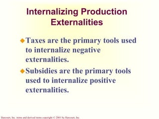 Harcourt, Inc. items and derived items copyright © 2001 by Harcourt, Inc.
Internalizing Production
Externalities
Taxes are the primary tools used
to internalize negative
externalities.
Subsidies are the primary tools
used to internalize positive
externalities.
 