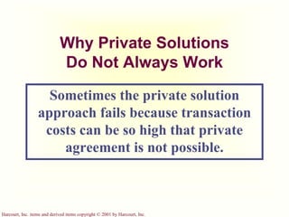 Harcourt, Inc. items and derived items copyright © 2001 by Harcourt, Inc.
Why Private Solutions
Do Not Always Work
Sometimes the private solution
approach fails because transaction
costs can be so high that private
agreement is not possible.
 