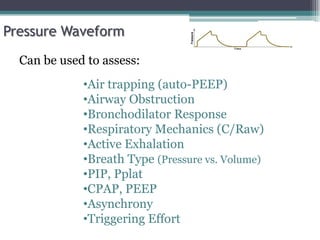 •Air trapping (auto-PEEP)
•Airway Obstruction
•Bronchodilator Response
•Respiratory Mechanics (C/Raw)
•Active Exhalation
•Breath Type (Pressure vs. Volume)
•PIP, Pplat
•CPAP, PEEP
•Asynchrony
•Triggering Effort
Can be used to assess:
Pressure Waveform
 