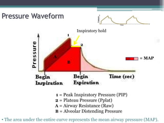 A
B
1
2
Inspiratory hold
= MAP
1 = Peak Inspiratory Pressure (PIP)
2 = Plateau Pressure (Pplat)
A = Airway Resistance (Raw)
B = Alveolar Distending Pressure
• The area under the entire curve represents the mean airway pressure (MAP).
Pressure Waveform
 