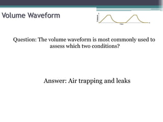 Volume Waveform
Question: The volume waveform is most commonly used to
assess which two conditions?
Answer: Air trapping and leaks
 