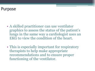 Purpose
• A skilled practitioner can use ventilator
graphics to assess the status of the patient’s
lungs in the same way a cardiologist uses an
EKG to view the condition of the heart.
• This is especially important for respiratory
therapists to help make appropriate
recommendations and to ensure proper
functioning of the ventilator.
 