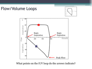 Flow/Volume Loops
0
200 400 600
20
40
60
-20
-40
-60
Peak Flow
Begin
Inspiration
Begin
Expiration
What points on the F/V loop do the arrows indicate?
 